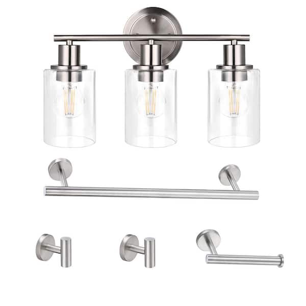 Luna 17 in. 3-Light Brushed Nickel Vanity Light Fixture with Clear Glass Shade (5-Sets)