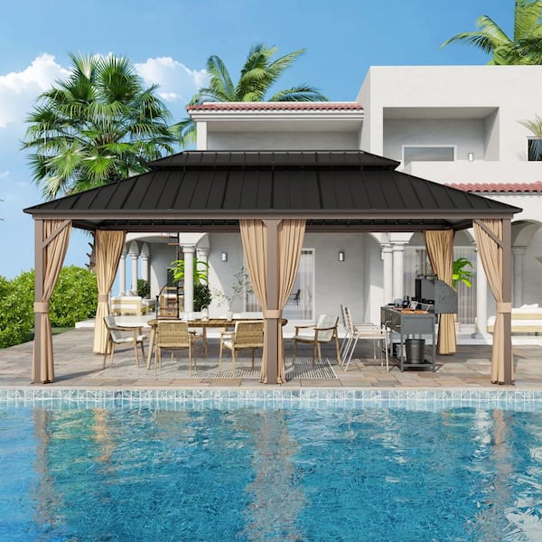 12 ft. x 20 ft. Outdoor Patio Aluminum Frame Gazebo with Double Hardtop Steel Roof, Mosquito Net and Curtains