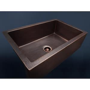 Luxury 33 in. Heavy 12-Gauge Dark Copper Single Bowl Farmhouse Kitchen Sink Flat Front Includes Grid and Flange