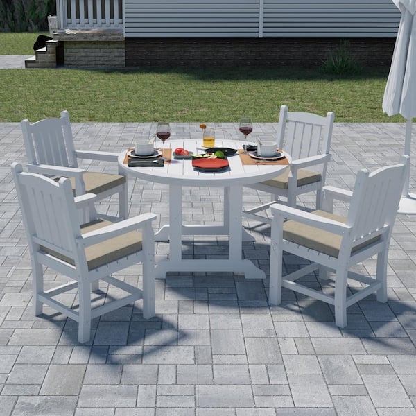 myhomore White 5-Piece Plastic Round Outdoor Dining Set with Armrests and Beige Cushions