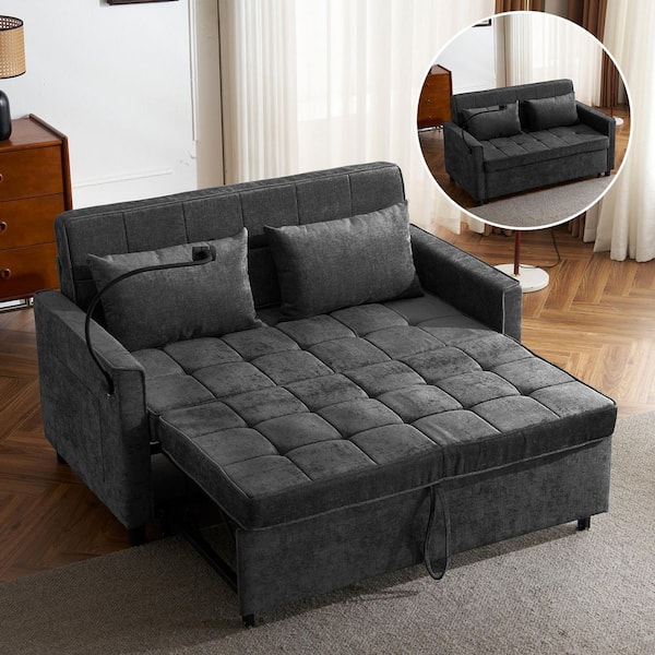 56.9 in. Black Chenille Twin Pull-Out Sofa Bed Convertible Loveseat with Side Pockets, USB Ports, Phone Holder