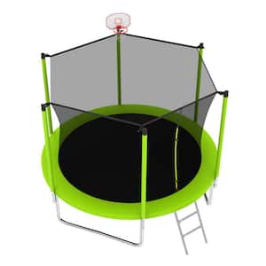 8 ft. Trampoline with Basketball Hoop, ASTM Approved Reinforced Type Outdoor Trampoline with Enclosure Net, Green