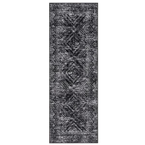 Black 2 ft. x 8 ft. Washable Vintage Distressed Bohemian Style Polyester Area Rug
