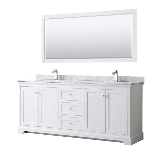 Wyndham Collection Avery 80 in. W x 22 in. D Bath Vanity in White with Marble Vanity Top in White Carrara with White Basins and Mirror