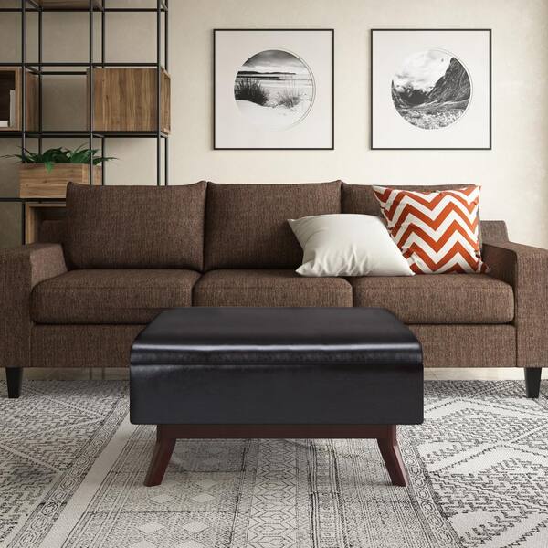 Simpli Home Owen 18 5in H X 34in W, Faux Leather Ottoman Coffee Table With Storage