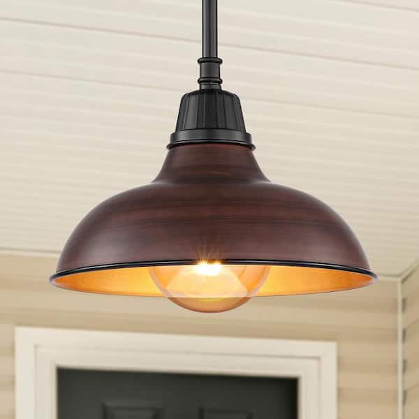 JONATHAN Y Jasper 12.25 in. 1-Light Wood Finish/Copper Farmhouse Industrial Indoor/Outdoor Iron LED Pendant