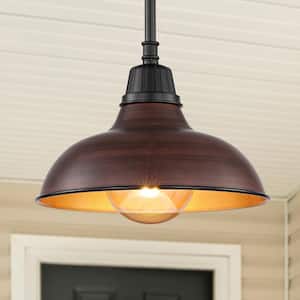 Jasper 12.25 in. 1-Light Wood Finish/Copper Farmhouse Industrial Indoor/Outdoor Iron LED Pendant