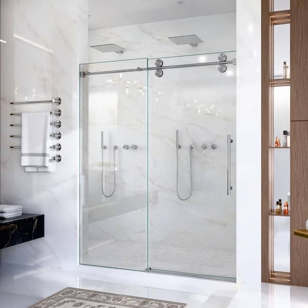 56 in.-60 in. W x 72 in. H Single Sliding Frameless Shower Door in Brushed Nickel with 8 mm SGCC Clear Door
