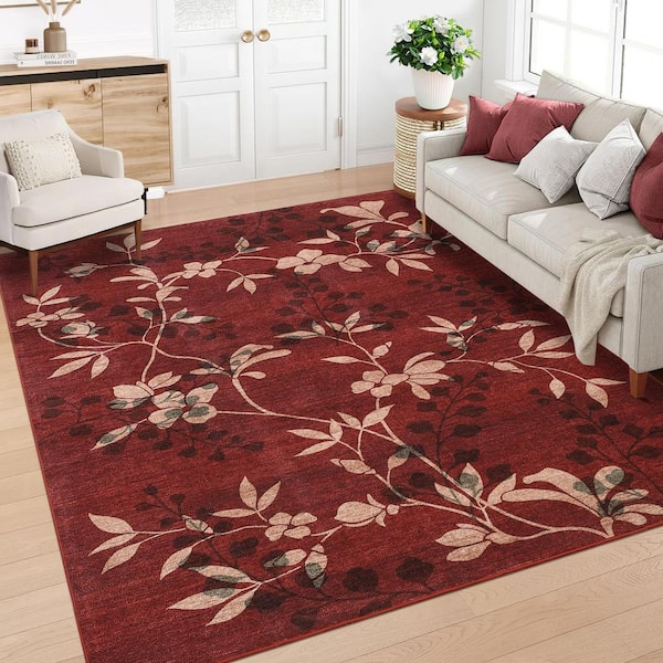 Red 5 ft. x 7 ft. Flower Print Rug Soft Foldable Indoor Carpet Anti-fouling Non-slip Polyester