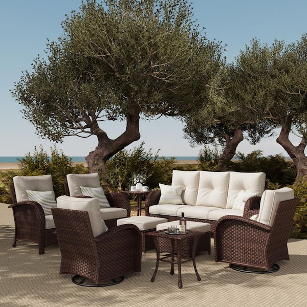 LayinSun 9-Piece Wicker Swivel Outdoor Rocking Chairs Patio Conversation Set with Beige Cushion