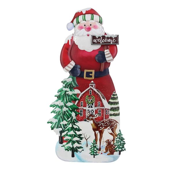 40 in. Red Steel Battery Operated Floor Standing Pre-Lit Santa Christmas Sign with LED Lights