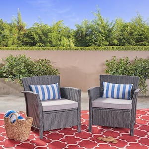 St. Lucia Gray Armed Faux Rattan Outdoor Lounge Chair with Silver Cushion (2-Pack)