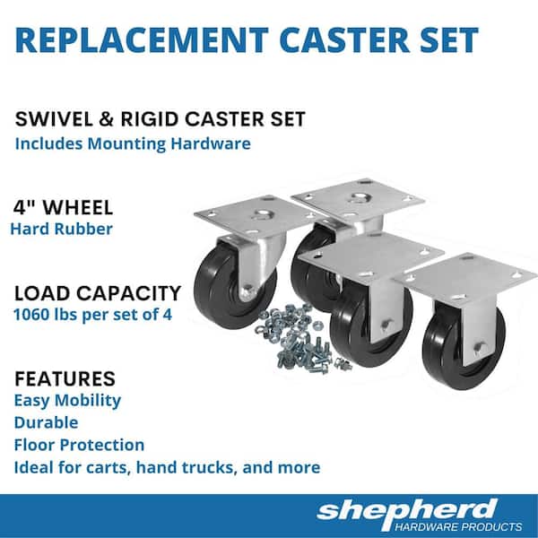 4 in. Black Rubber and Steel Swivel and Rigid Caster Kit with Hardware (4-Piece)