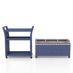 Seneka Navy and White Aluminum Outdoor Storage Bench with Serving Cart
