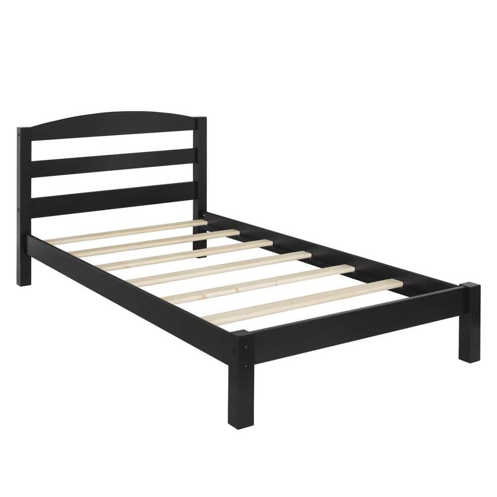Braylon Minimalist Black Pine Twin Platform Bed with Headboard