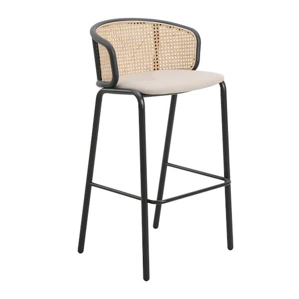 Leisuremod Ervilla Modern 29.5 in Wicker Bar Stool with Fabric Seat and Black Powder Coated Metal Frame (Beige)