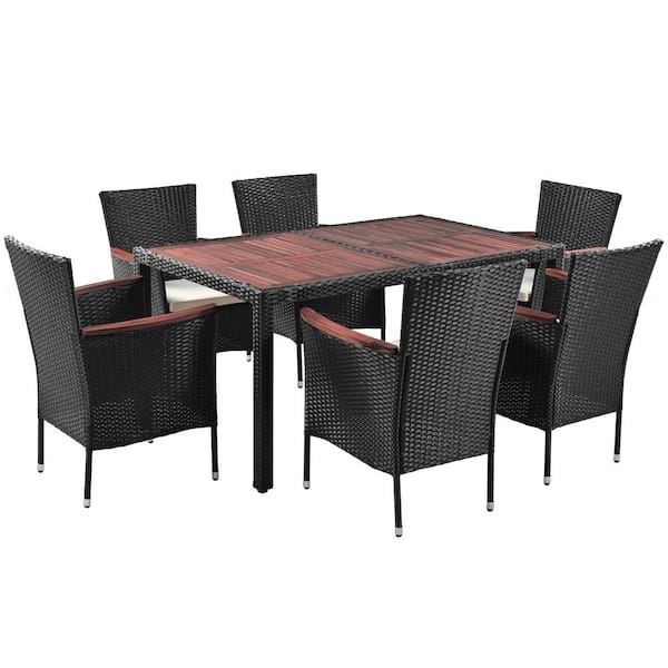Miscool Anky 7-Piece Wicker Rectangle Outdoor Dining Set Reddish-Brown Top with Beige Cushions