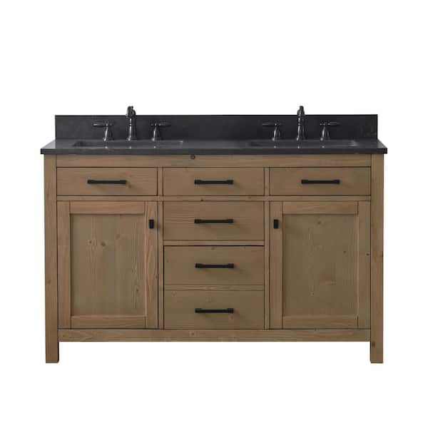 Jasper 54 in. W x 22 in. D Bath Vanity in Textured Natural with Blue Limestone Top in Carrara White with White Sinks
