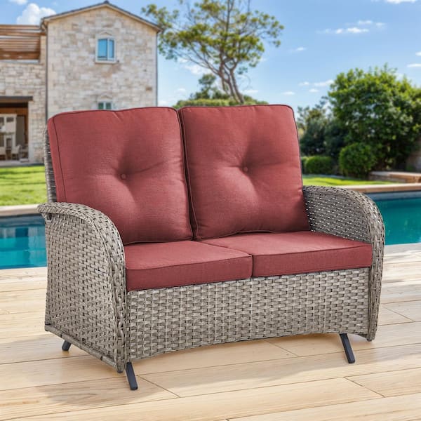 moosprr Gray PE Wicker Outdoor Loveseat with Red Cushions and Glide Function