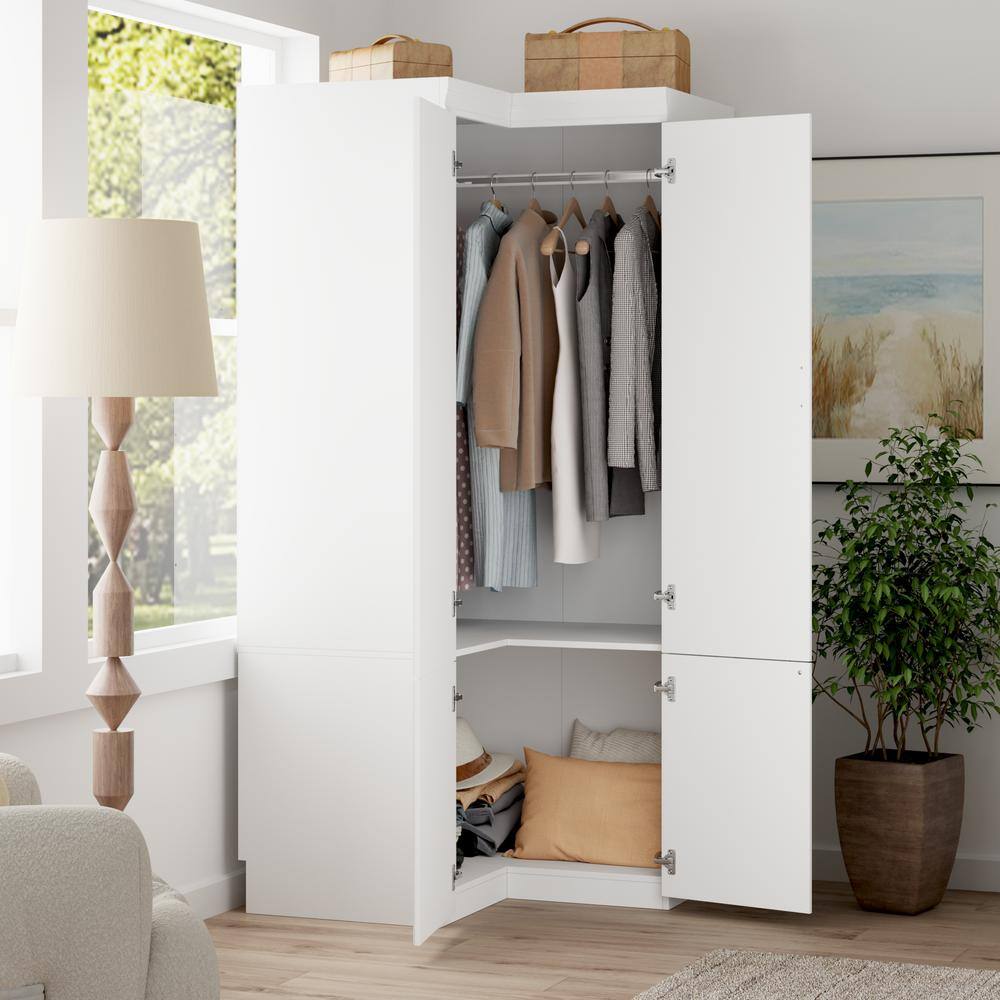 White Wood 35.4 in. W 4-Door Corner Wardrobe Armoires with Hanging Rod, Storage Shelves 74.2 in. H x 35.4 in. D - thumbnail 6