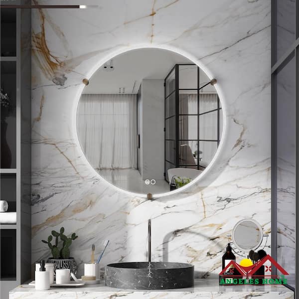 ANGELES HOME 32 in. x 32 in. Round Acrylic Frame Anti-Fog LED Light Wall Bathroom Vanity Mirror in White