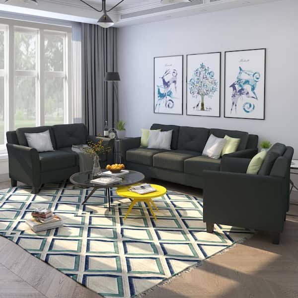 GODEER 3-Piece Polyester Top Black Chair Loveseat Sofa Set