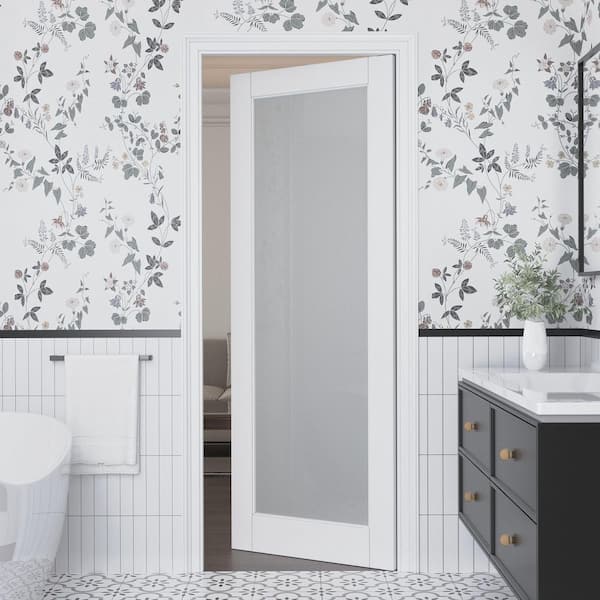 32 in. x 96 in. Solid Core MDF 1-Lite Tempered Frosted Glass and Manufacture Wood White Primed Interior Door Slab