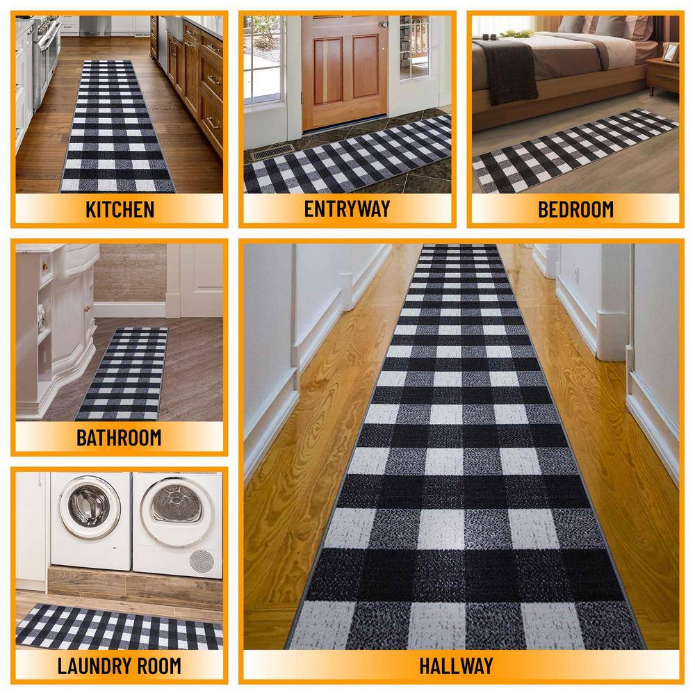 Black and White Checkered Synthetic Runner Rug 2'7" x 9'10"