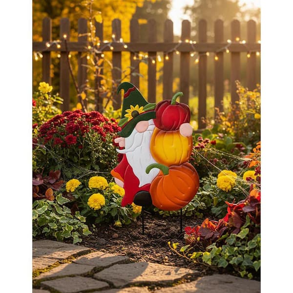 Unbrand Metal Gnome with Stacked Pumpkins Fall Garden Stake