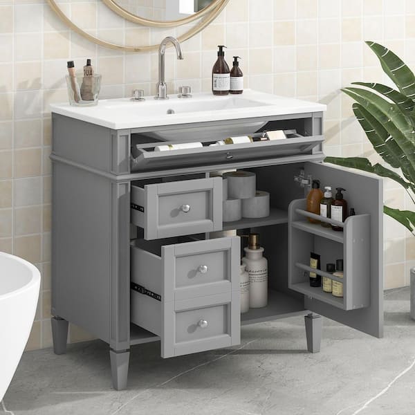 30 in. Single Sink Freestanding Gray Bath Vanity with White Ceramic Top Unassembled, 2 Drawers & 1 Tip-out Drawer