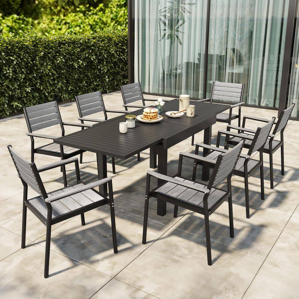 9-Piece Gray Aluminum Patio Outdoor Dining Set with Extension Rectangular Table and Wood-Like Stacking Arms Chairs