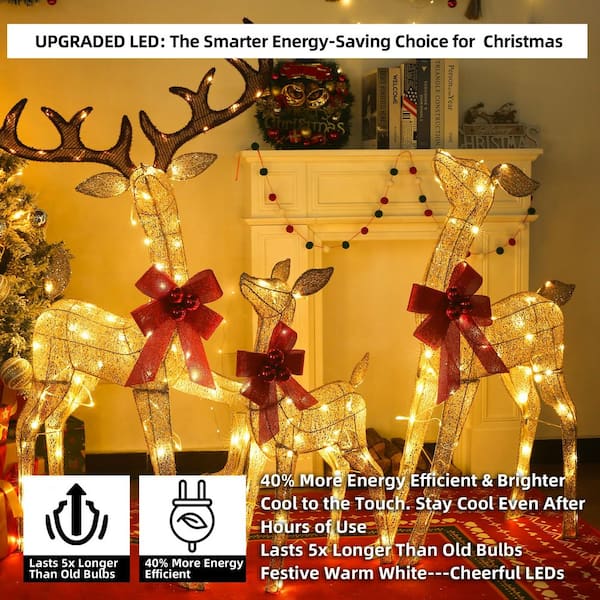 Outdoor Christmas Decoration 3-Piece 3D Reindeer Family Yard Decoration with Warm White LED Lights