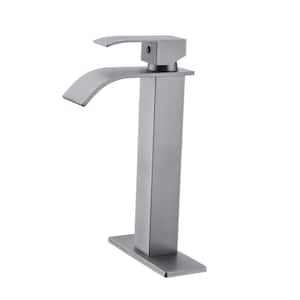 Single Handle Waterfall Bathroom Vessel Sink Faucet Single Hole 304 Stainless Steel High Tall Taps in Brushed Nickel