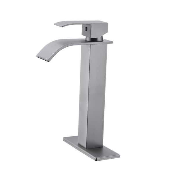 FLG Single Handle Waterfall Bathroom Vessel Sink Faucet Single Hole 304 Stainless Steel High Tall Taps in Brushed Nickel