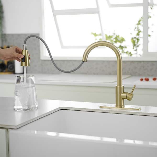 14.96 in. Single Handle Pull Down Sprayer Kitchen Faucet with 2-Spray 360° Spout Swivel in Spot Resist in Brushed Gold