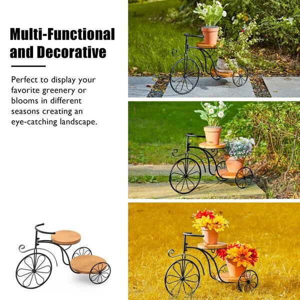 Glitzhome 24 in. L Black Metal Tricycle Planter Stand with Natural
