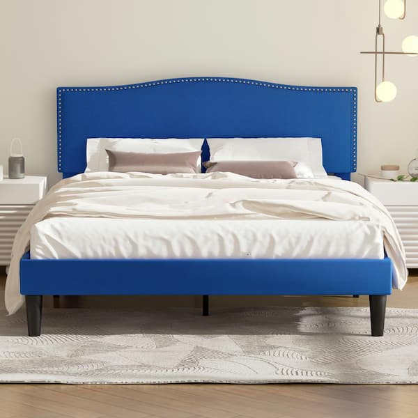 VECELO Bed Frame Blue Metal Frame Full Platform Bed with Upholstered Headboard, Strong Frame and Wooden Slats Support