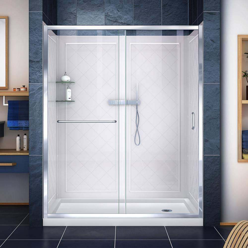 DreamLine Infinity-Z 36 in. x 60 in. Semi-Frameless Sliding Shower Door in Chrome with Right Drain Base and Backwalls