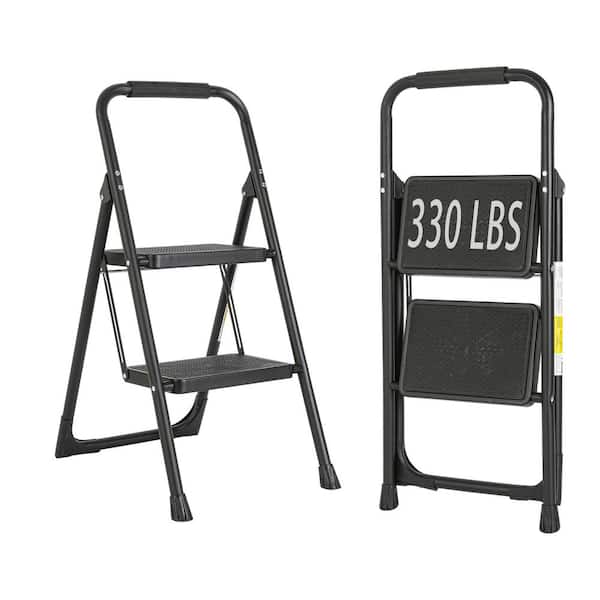 maocao hoom 2-Step Black Iron Ladder Foldable Non-slip Outdoor Ladder Loading 330 lbs. for Home, Kitchen, Office