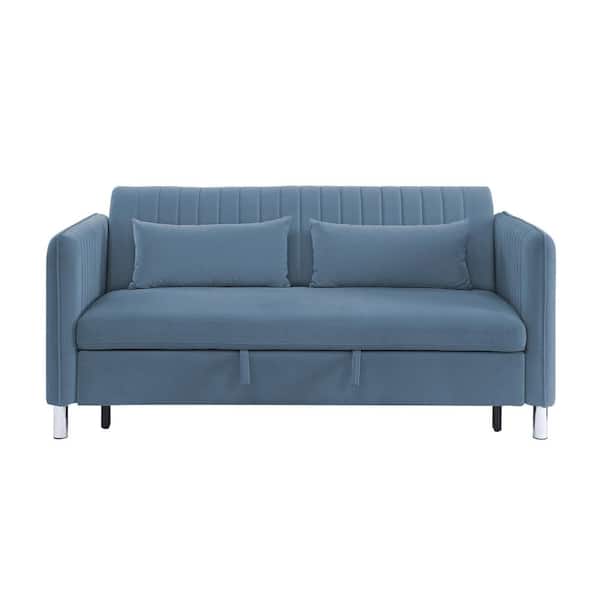 Aoibox 72 in.W Blue Velvet Upholstered Full Size Convertible Sofa Bed with Pillows and Metal Feet