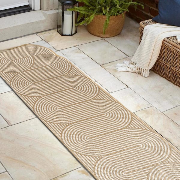 Margot Modern Geometric Arch Stripe Cream/Natural 2 ft. x 8 ft. Indoor/Outdoor Shaped Runner Rug
