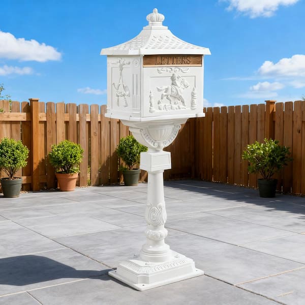 Unbranded White Cast Aluminum Post Mount Mail Box with Premium Post Combo