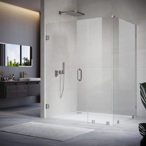 UKH07 68 in. W x 80 in. H x 37 in. D Hinged Frameless Corner Shower Enclosure in Brushed Nickel 3/8 in. Clear Glass
