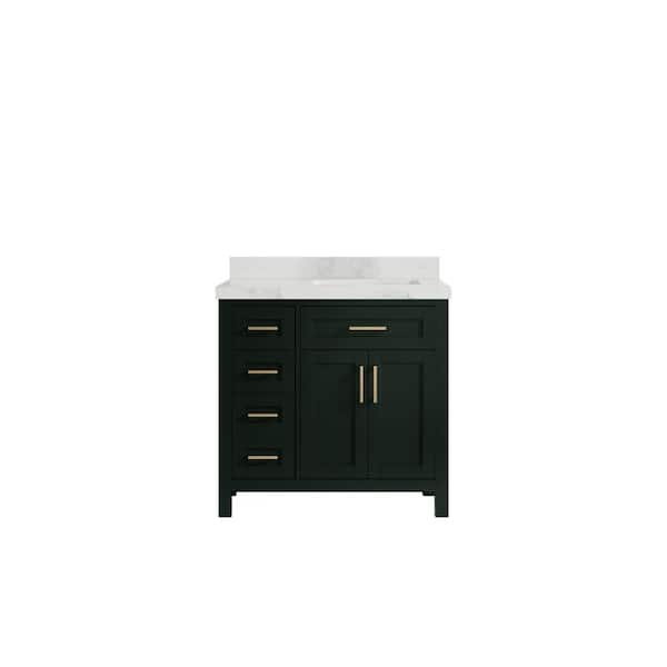 Willow Collections Cambridge 36 in. W x 22 in. D x 36 in. H Right Offset Sink Bath Vanity in Dark Green with 2 in Calacatta Nuvo Top