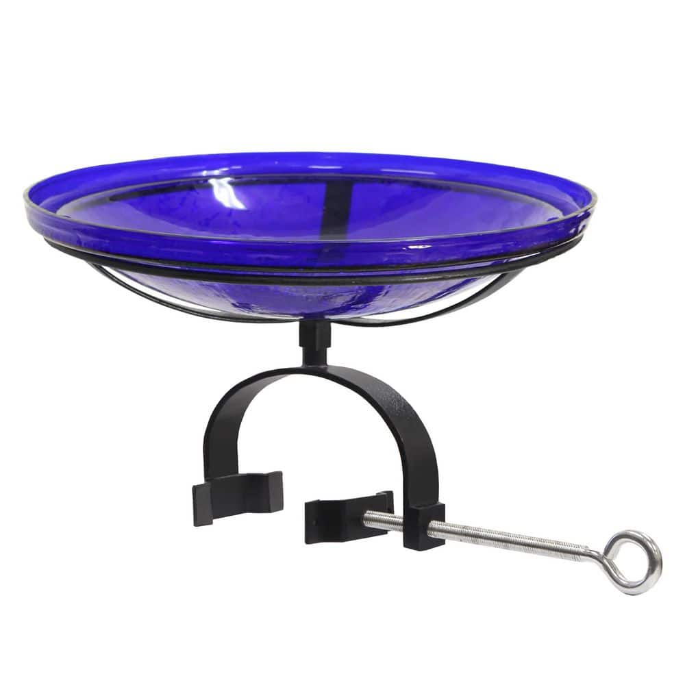 14 in.Dia. Round Cobalt Blue Crackle Glass Birdbath w/Black Wrought Iron Over Rail Bracket price history on PriceWatchPro