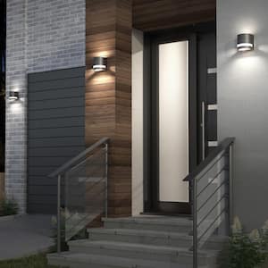Valor Black Modern Round Integrated LED Indoor/Outdoor Hardwired Garage and Porch Light Wall Lantern Sconce