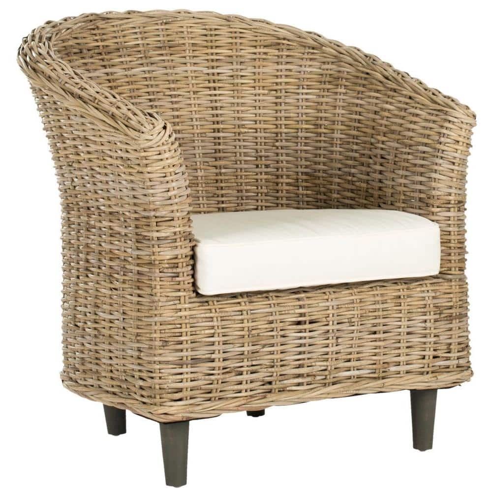 Natural Unfinished Rattan Barrel Accent Chair with White Cushion