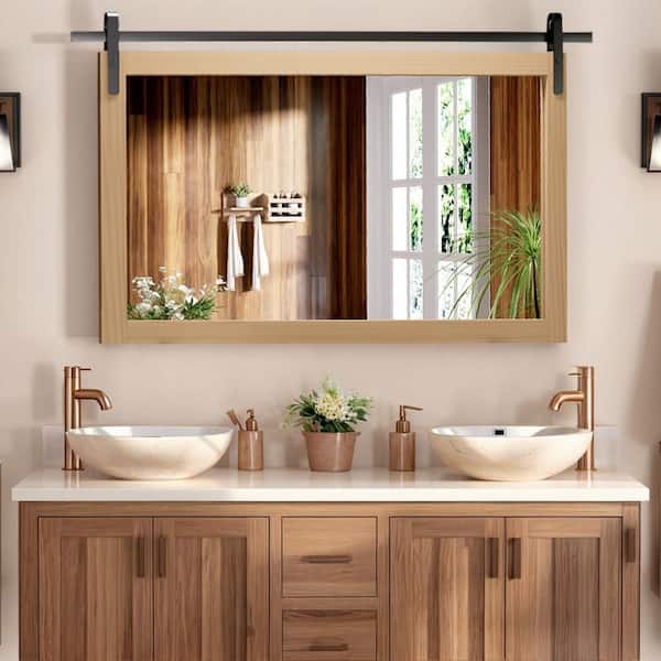 40 in. W x 26 in. H Medium Rectangular Mirror Wood Framed Wall Mounted Mirrors Bathroom Vanity Mirror in Brown