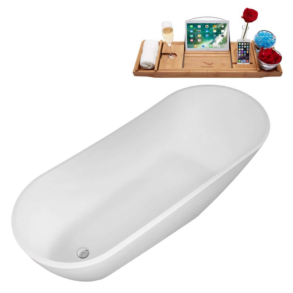 67" Glossy White Acrylic Freestanding Soaking Bathtub with Bamboo Tray