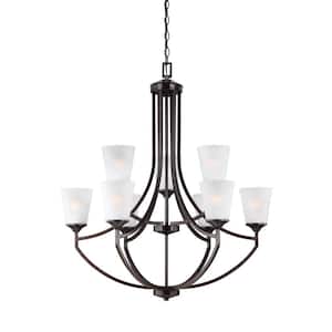 Hanford 9-Light Bronze Multi-Tier Chandelier with Satin Etched Glass Shades